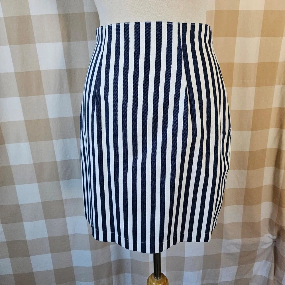 Vtg 90s‎ BANJO Dallas Texas Navy White Stripe Lace Up Top Mini Skirt Set Medium